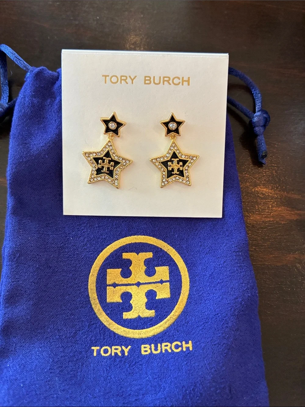 Tory Burch Gold & Black Crystal Star Drop Earrings for Kids